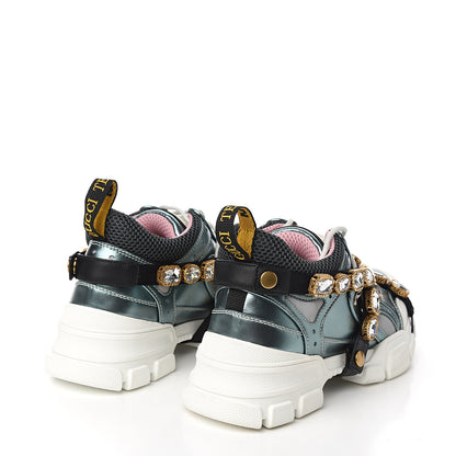 Gucci X SEGA Metallic Calfskin Removable Crystals Womens Flashtrek Sneakers 38 Lago Loess Silver 4 of 9