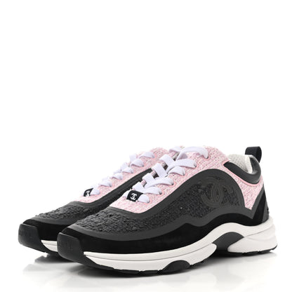 Chanel Tweed Suede Calfskin CC Sneakers 37 Gray Pink 3 of 7