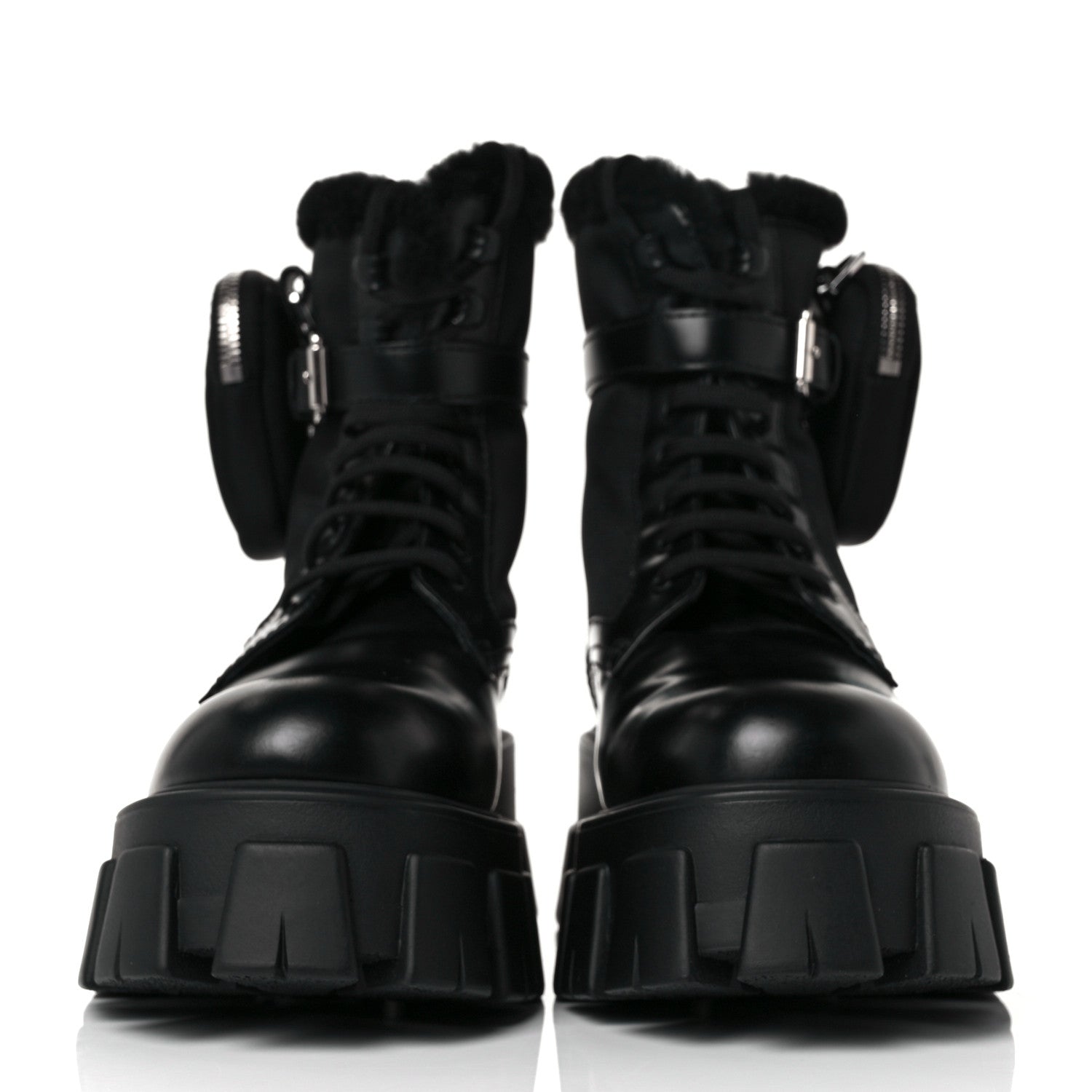 Prada Spazzolato Rois Nylon Shearling Metal Triangle Logo Monolith Pouch Pocket 55mm Boots 36.5 Black 2 of 8