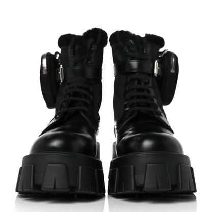 Prada Spazzolato Rois Nylon Shearling Metal Triangle Logo Monolith Pouch Pocket 55mm Boots 36.5 Black 2 of 8