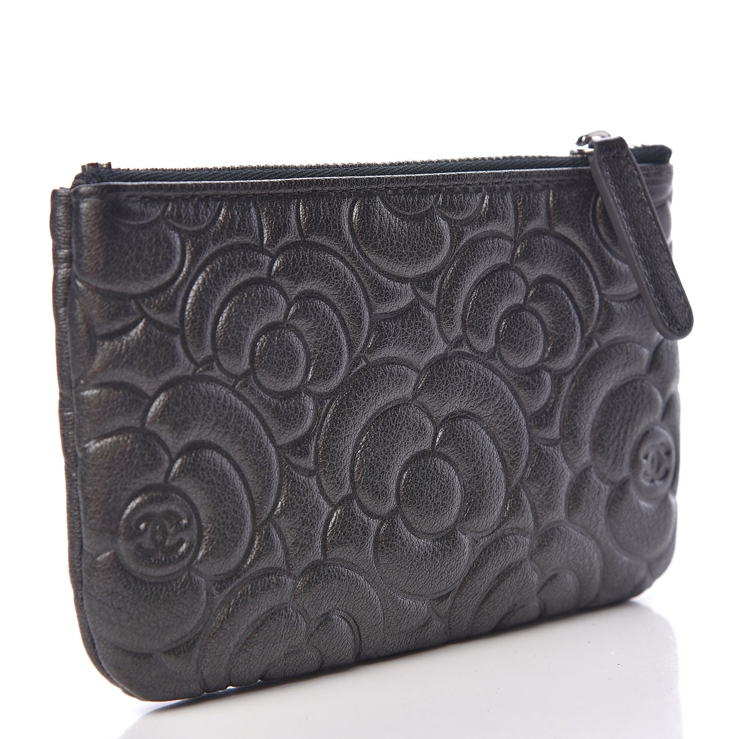 Goatskin Camellia Embossed Cosmetic Pouch Anthracite