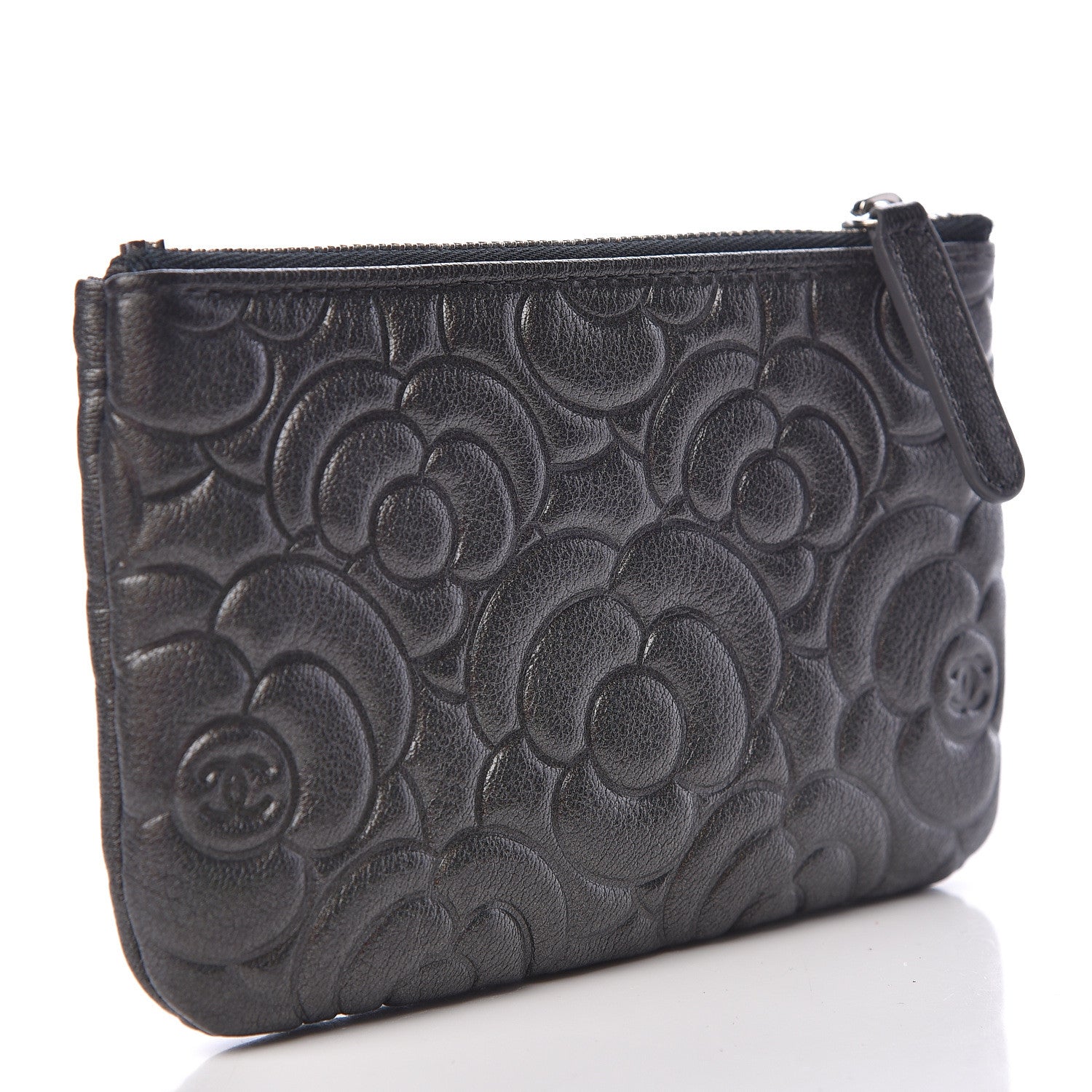 Chanel Goatskin Camellia Embossed Cosmetic Pouch Anthracite 3 of 8