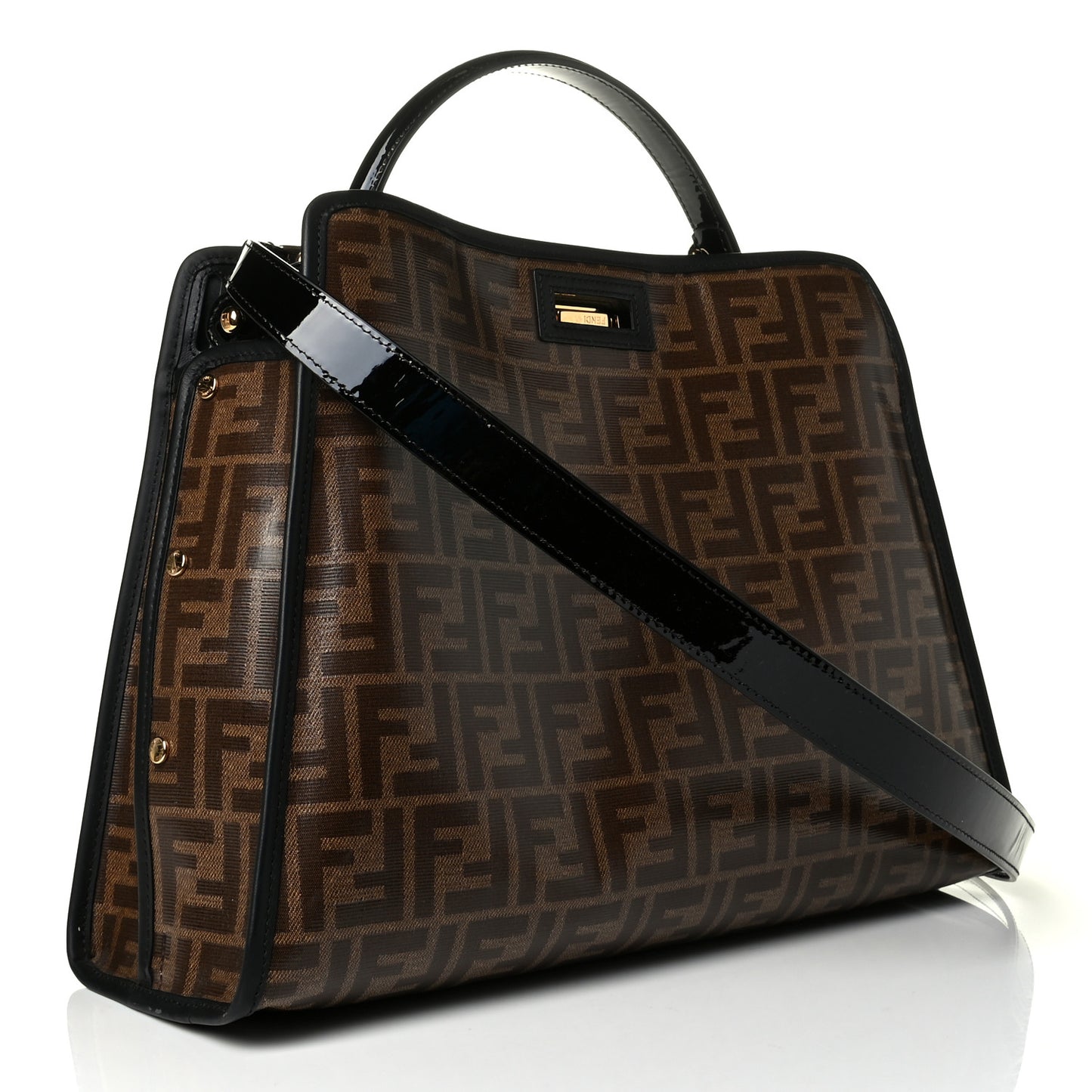 Patent Glazed Fabric FF 1974 Medium Peekaboo Iconic Defender Satchel Mogano Panna Black