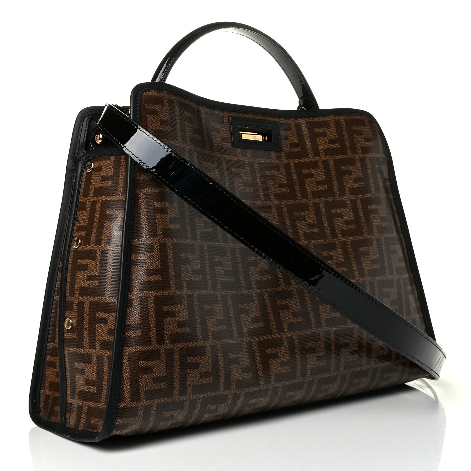 Fendi Patent Glazed Fabric FF 1974 Medium Peekaboo Iconic Defender Satchel Mogano Panna Black 2 of 6