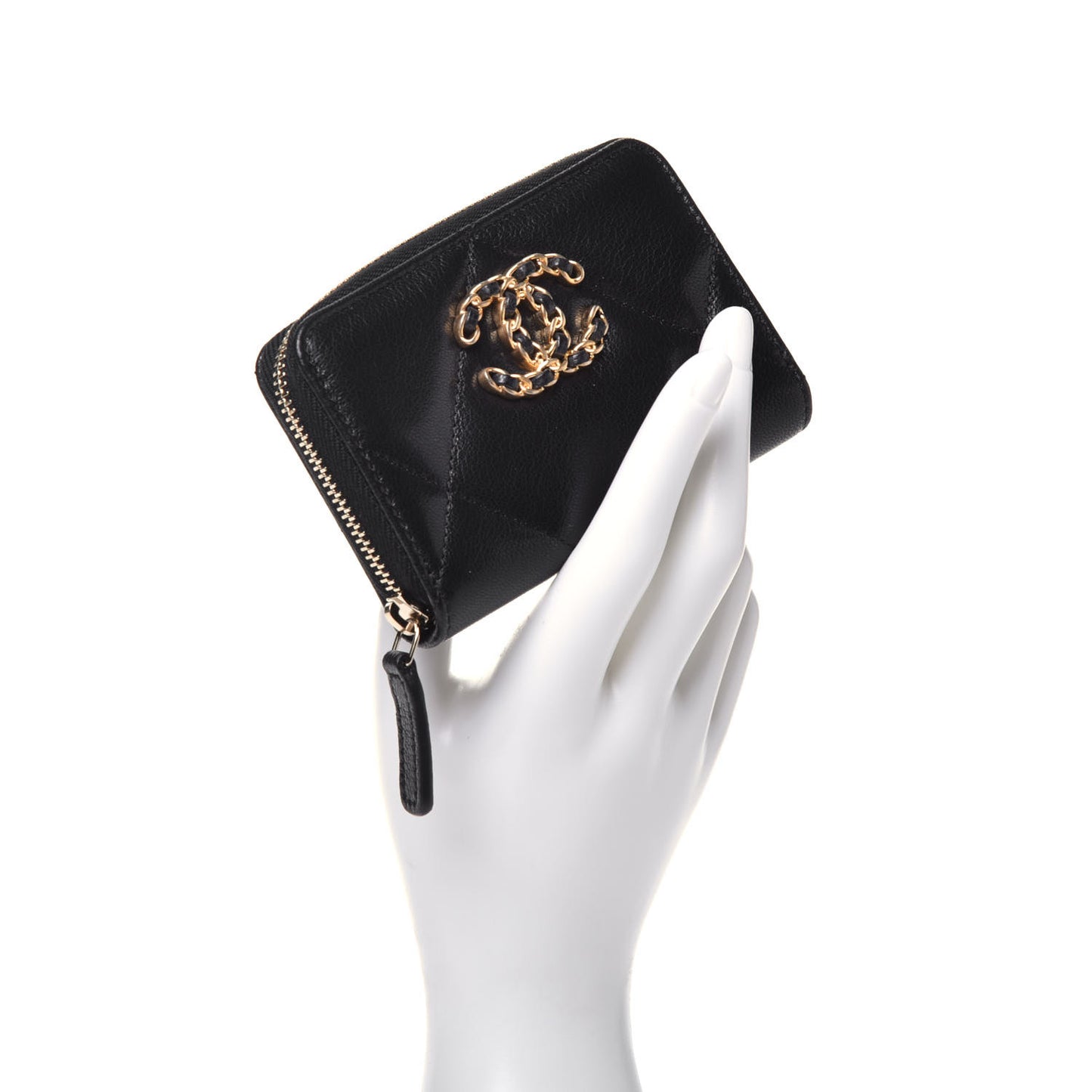 Goatskin Quilted Chanel 19 Zip Around Coin Purse Wallet Black