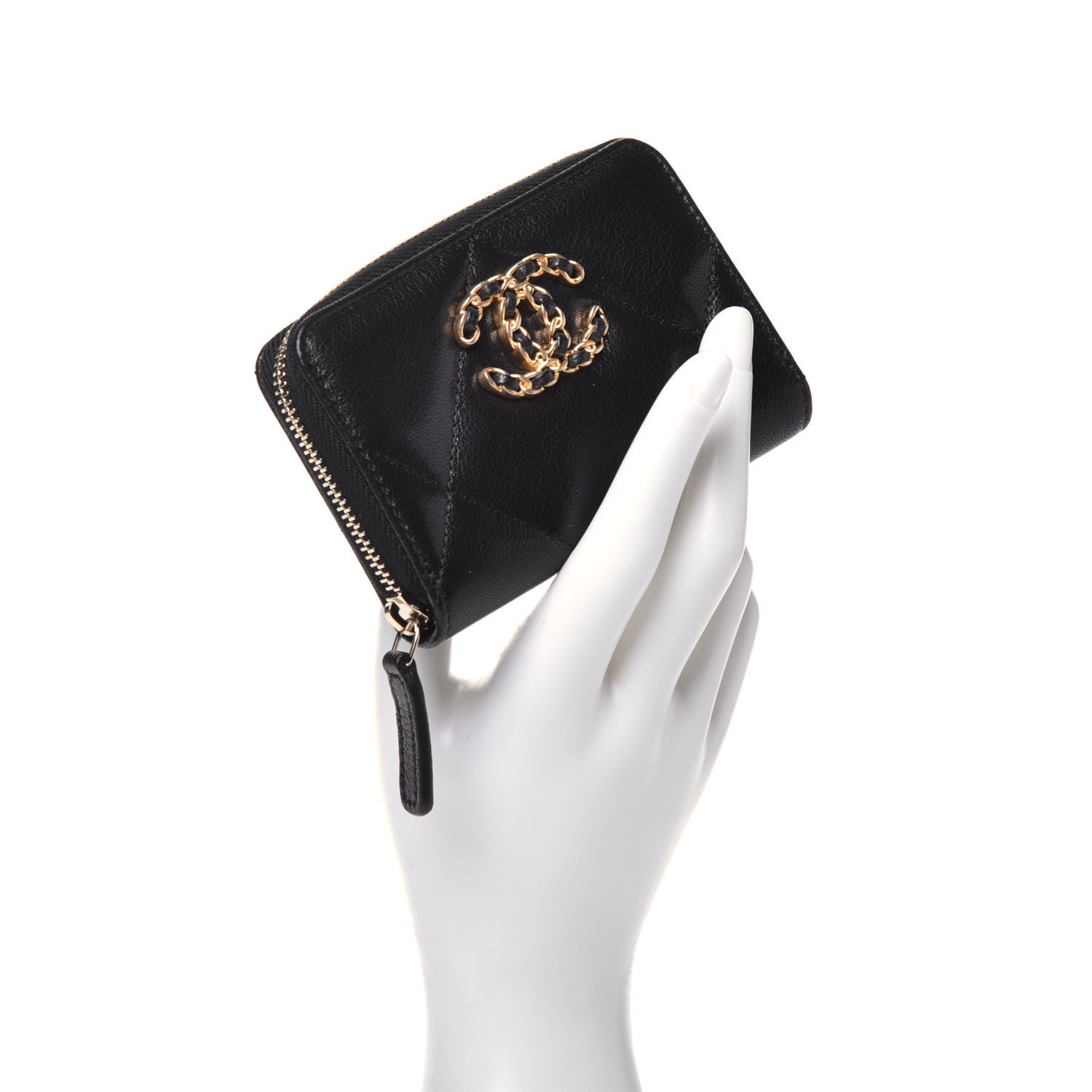 Chanel Goatskin Quilted Chanel 19 Zip Around Coin Purse Wallet Black 2 of 7