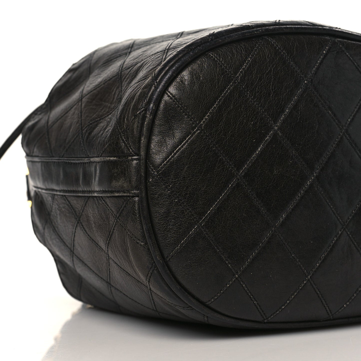 Lambskin Diamond Stitched CC Drawstring Shoulder Bag Black