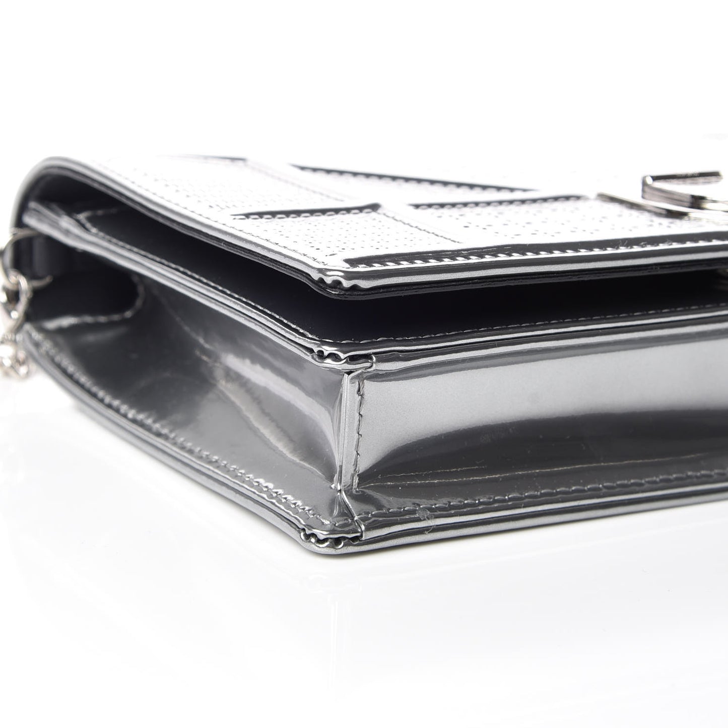 Metallic Patent Micro-Cannage Diorama Wallet on Chain Pouch Silver