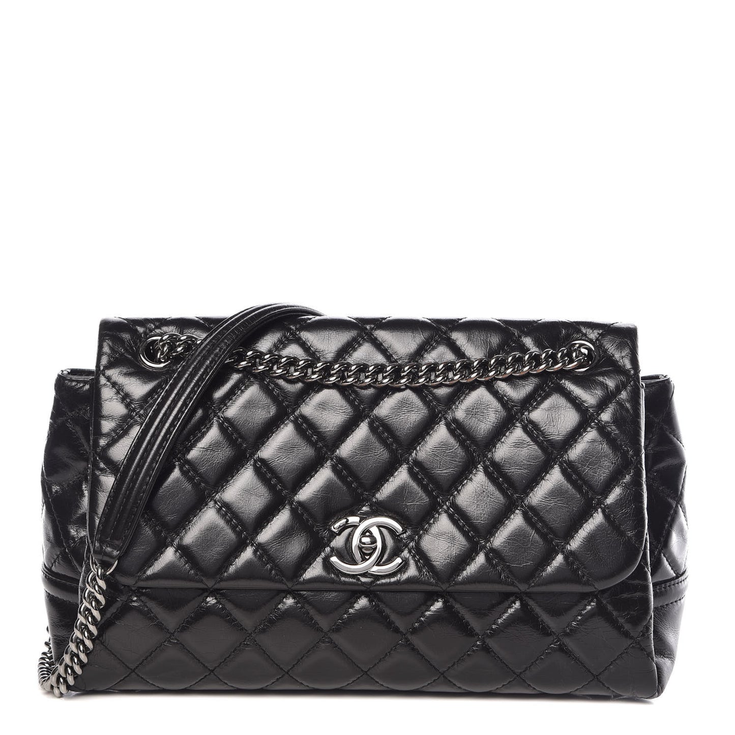 Glazed Calfskin Quilted Medium Lady Pearly Flap Black