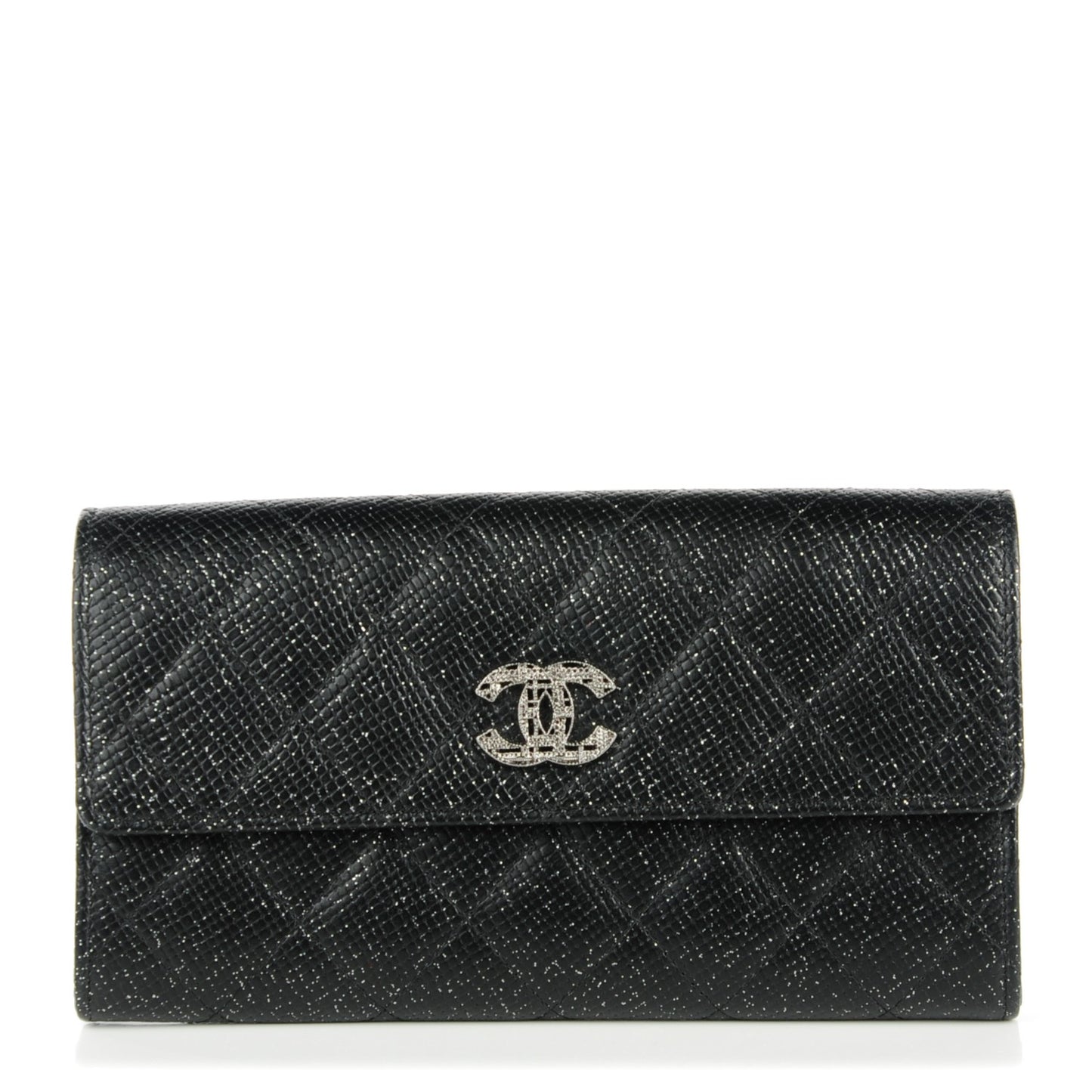 Glittered Calfskin Quilted Long Flap Wallet Black