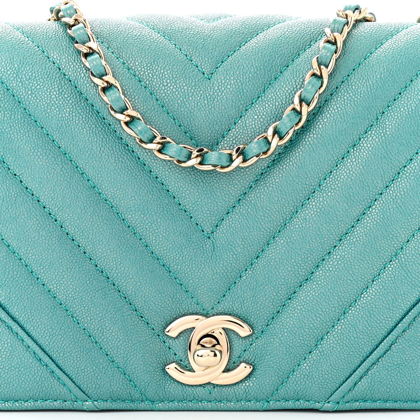 Caviar Chevron Quilted Small Statement Flap Turqouise