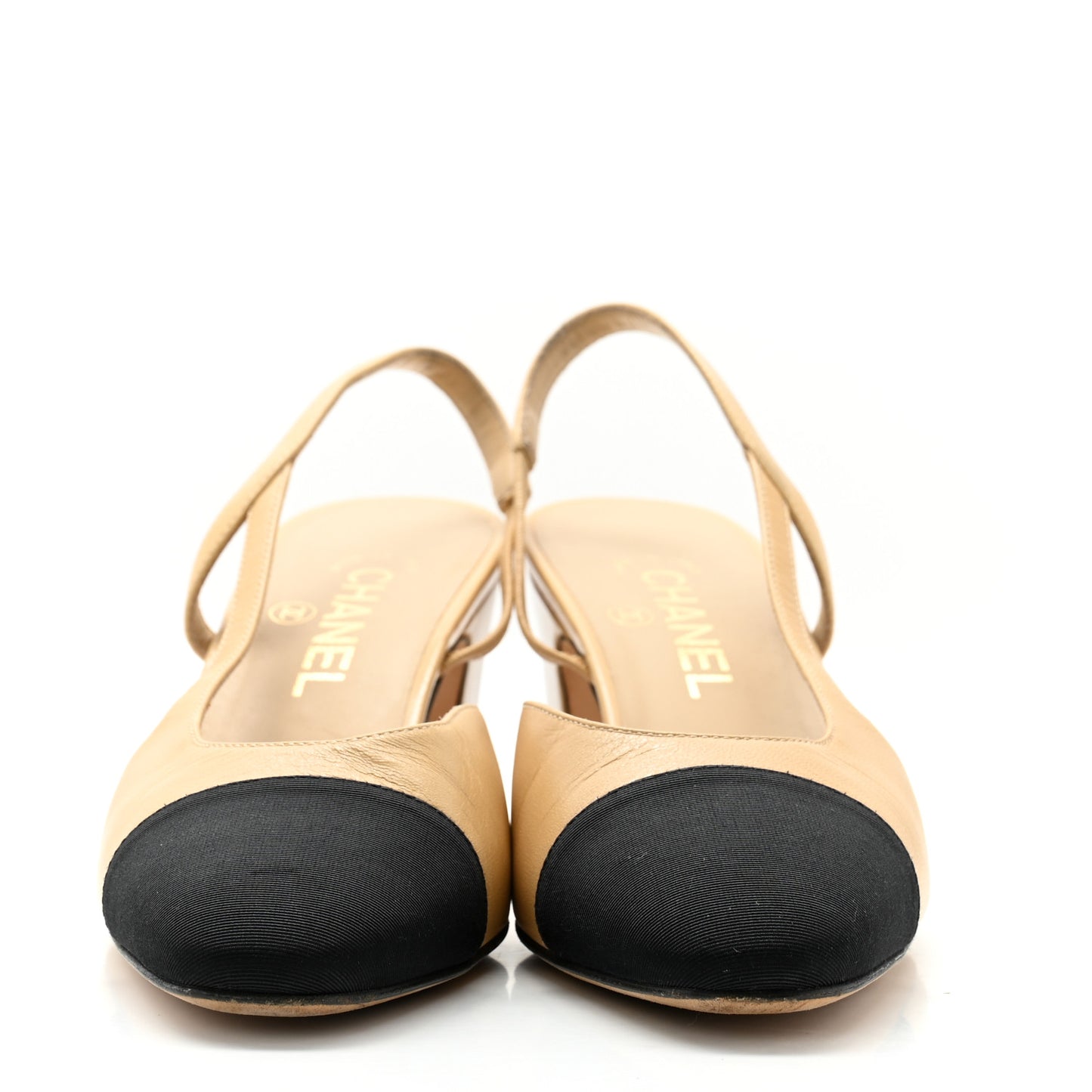 Goatskin Grosgrain Cap Toe CC Slingback Pumps 38 Beige Black