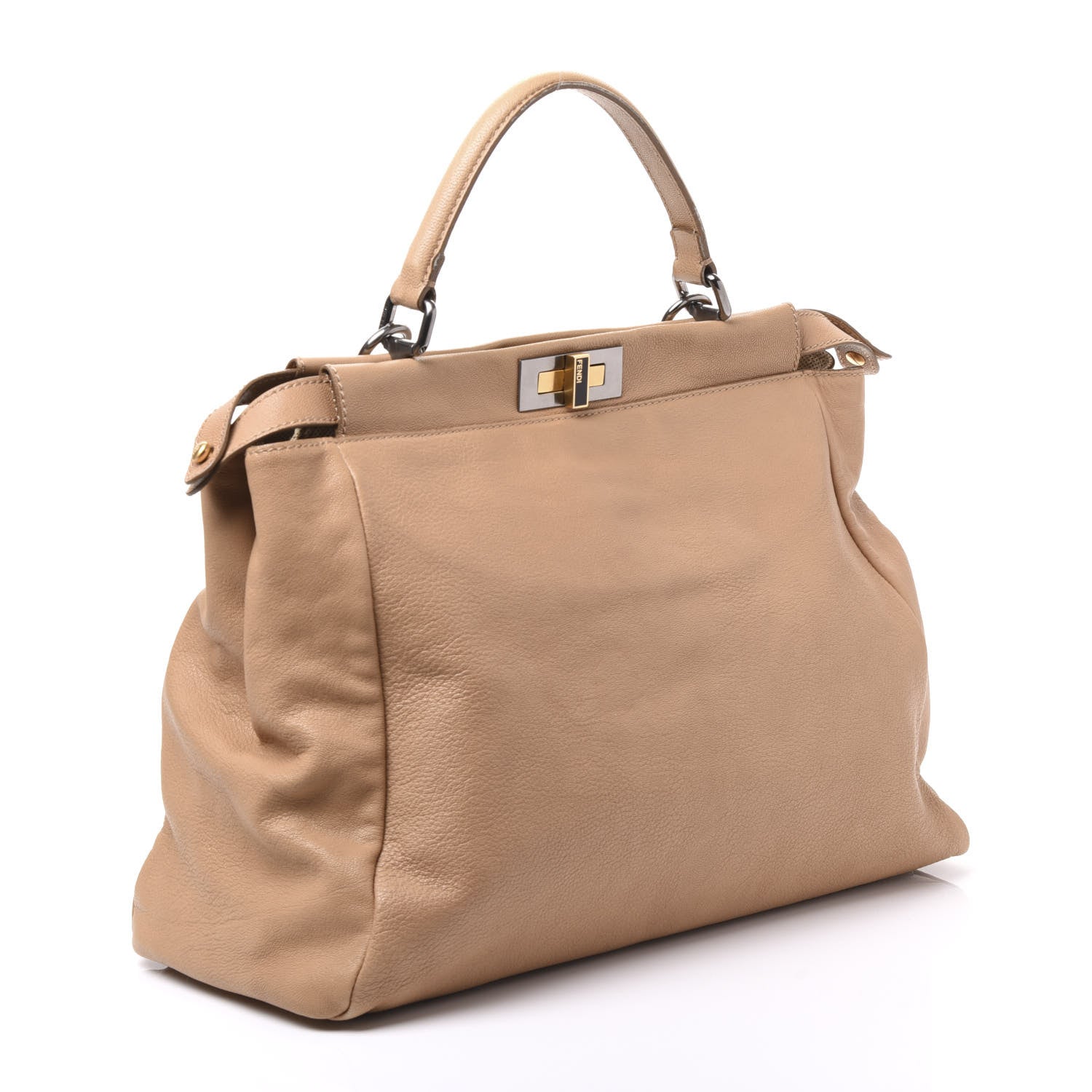 Fendi Goatskin Large Peekaboo Iconic Satchel Beige Latte Black 2 of 12