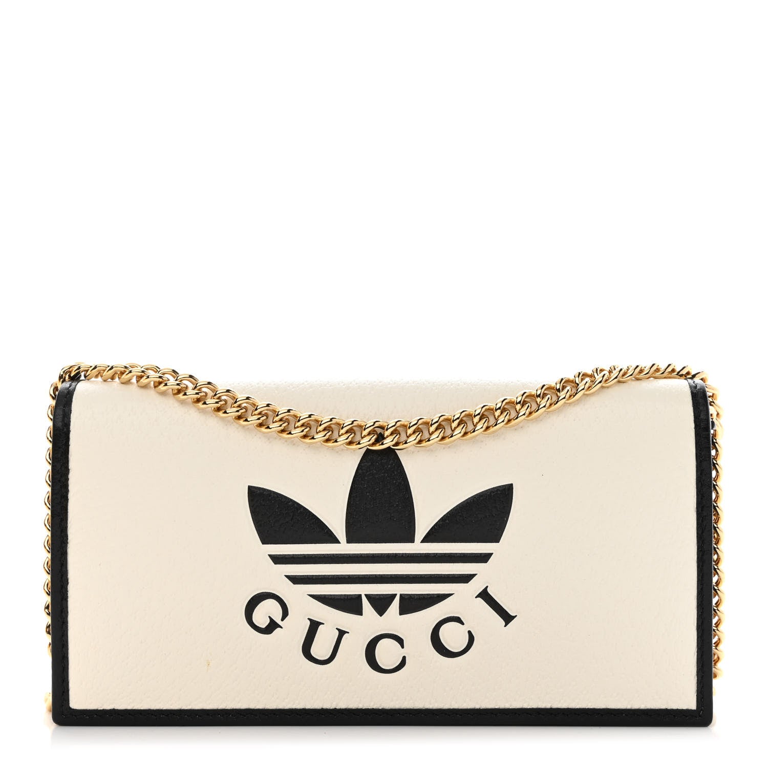 Gucci X ADIDAS Textured Dollar Calfskin Trefoil Embossed Wallet On Chain Off White Black 1 of 11