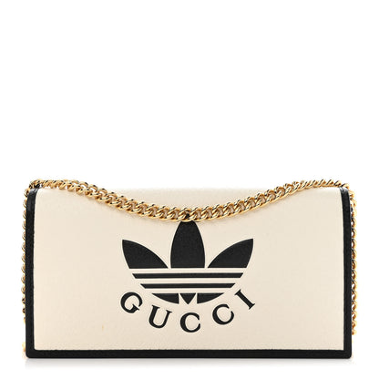 Gucci X ADIDAS Textured Dollar Calfskin Trefoil Embossed Wallet On Chain Off White Black 1 of 11