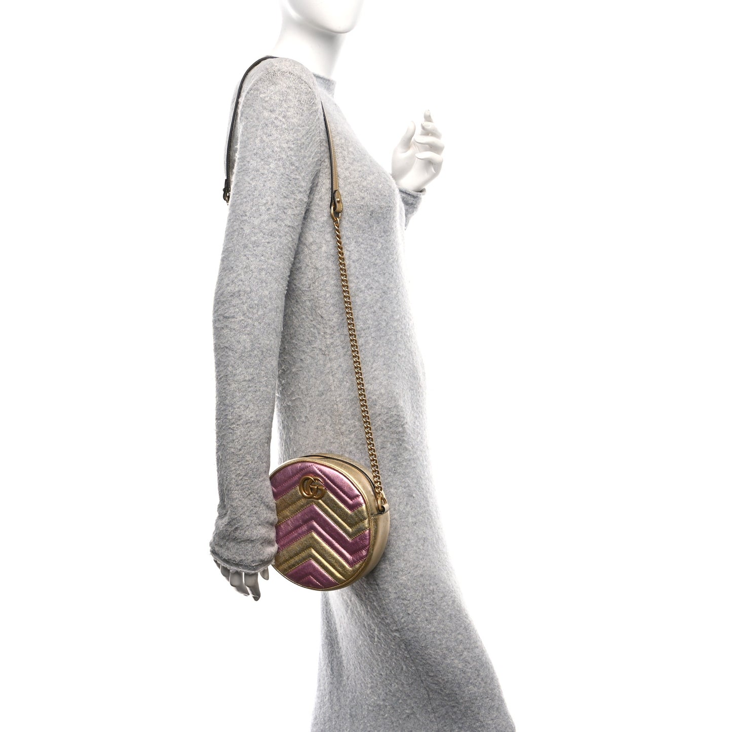 Metallic Nappa Matelasse Heart Mini GG Marmont Round Shoulder Bag Oro Vecchio Rosa
