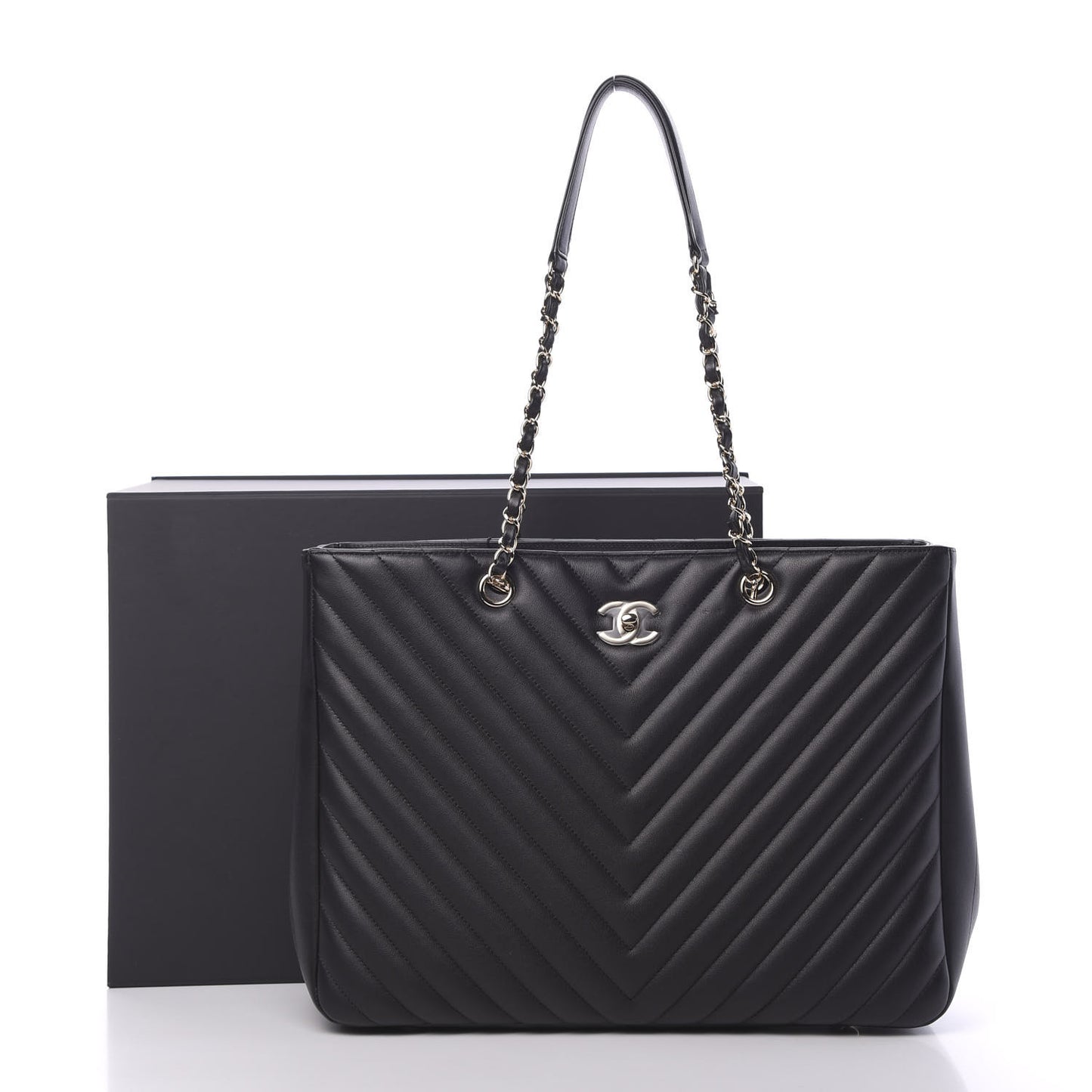 Calfskin Chevron Quilted Large Shopping Tote Black
