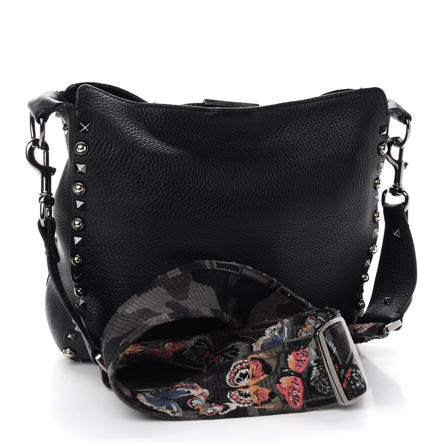 Pebbled Calfskin Butterfly Small Guitar Strap Rockstud Rolling Flip-Lock Messenger Bag Black