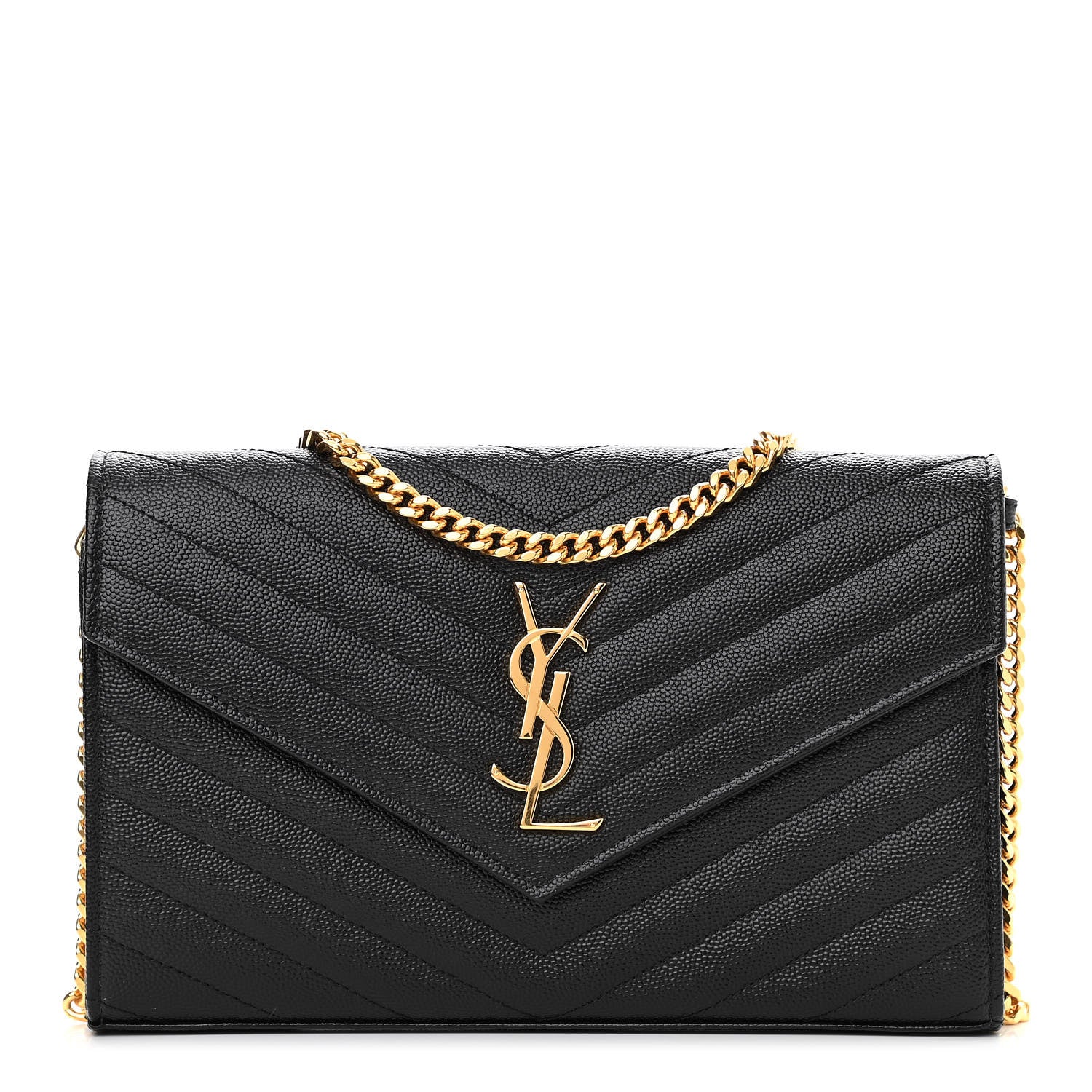 Saint Laurent Grain De Poudre Matelasse Chevron Monogram Chain Wallet Black 1 of 10