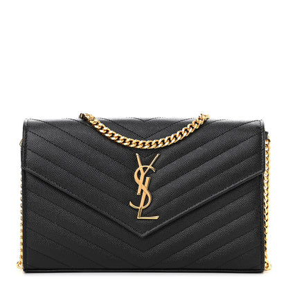 Saint Laurent Grain De Poudre Matelasse Chevron Monogram Chain Wallet Black 1 of 10