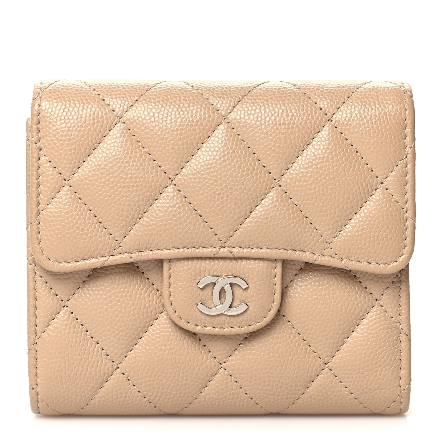 Caviar Quilted Compact Flap Wallet Beige