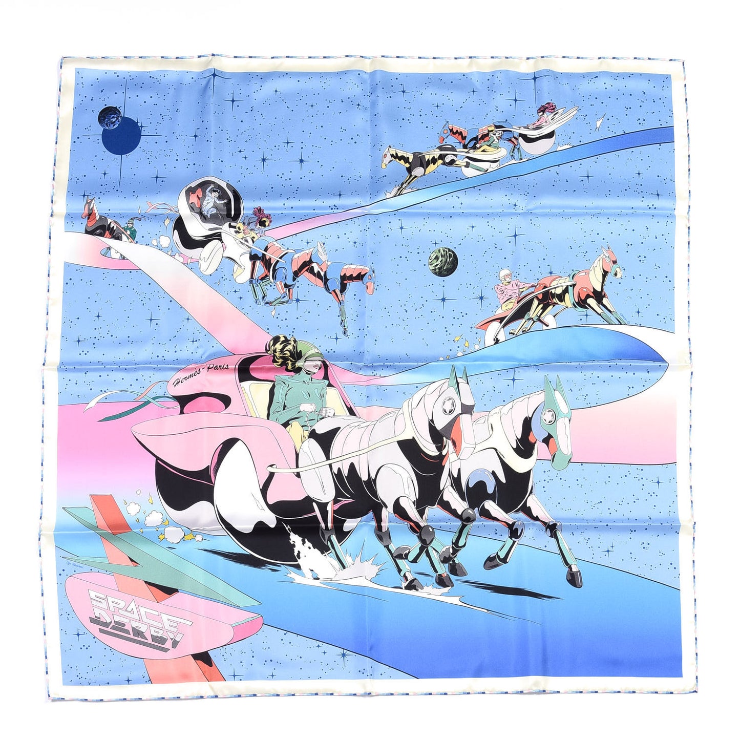 Silk Space Derby Scarf 90 Bleu Ciel Rose Vert Amande