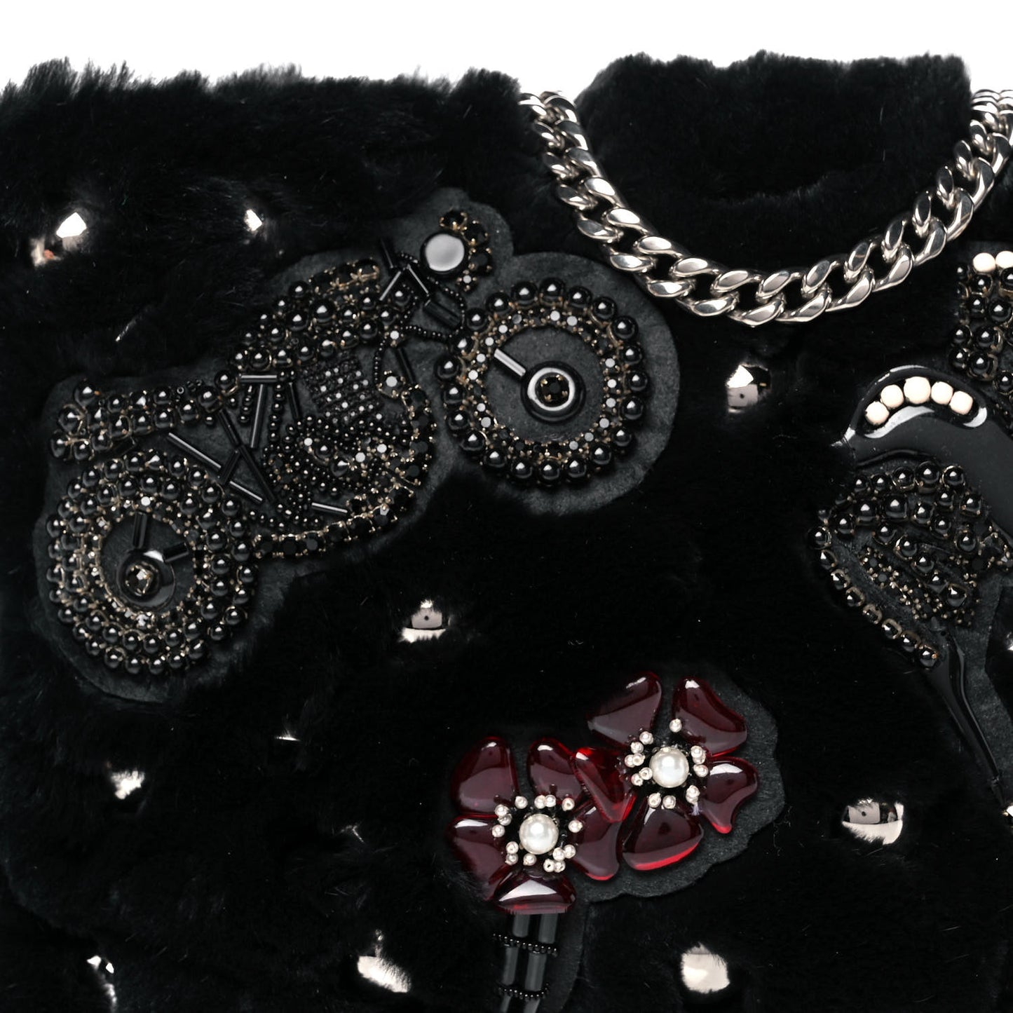 Rabbit Fur Embellished Crossbody Black