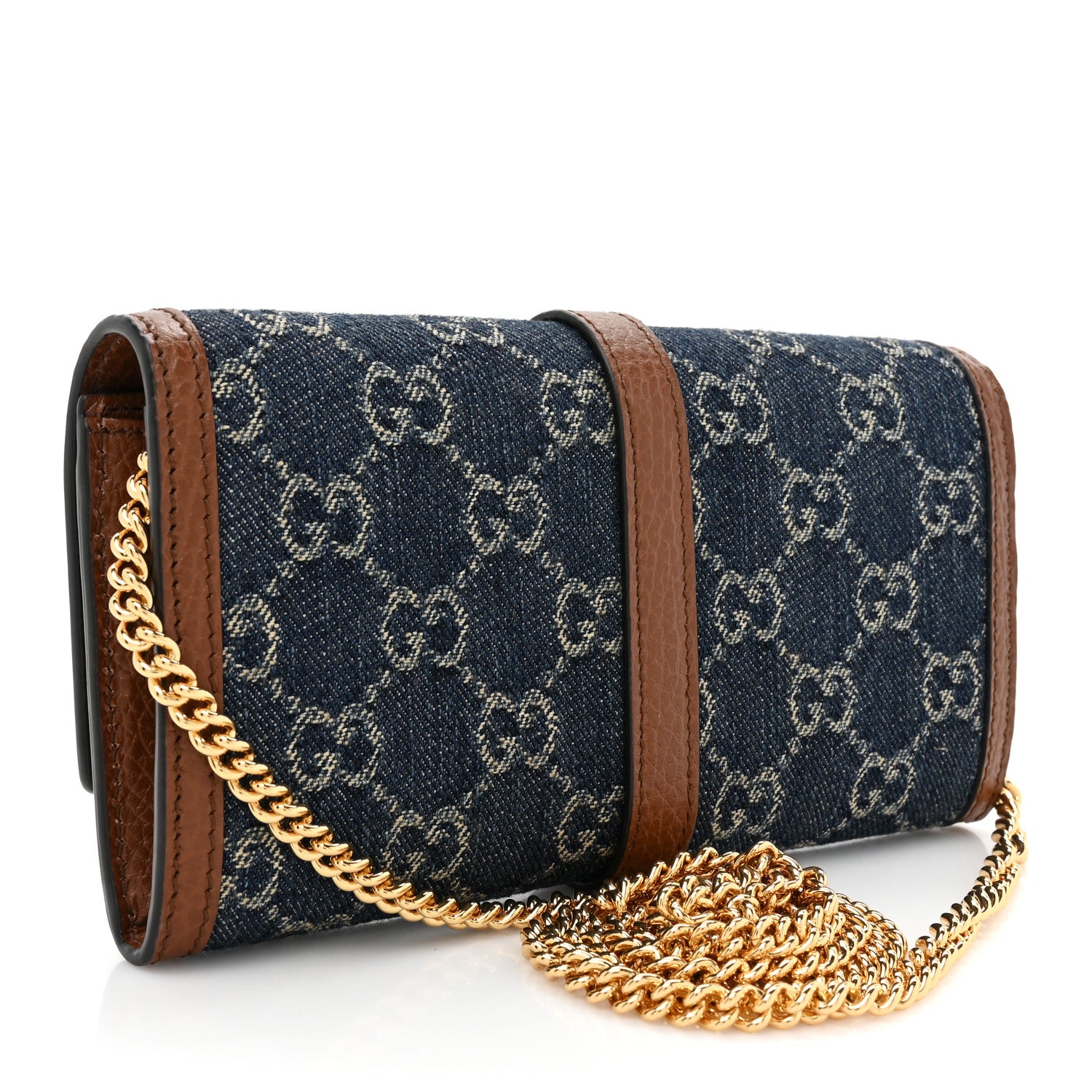 Gucci New Denim GG Monogram Jackie 1961 Chain Wallet Blue Tea Cuir 3 of 14