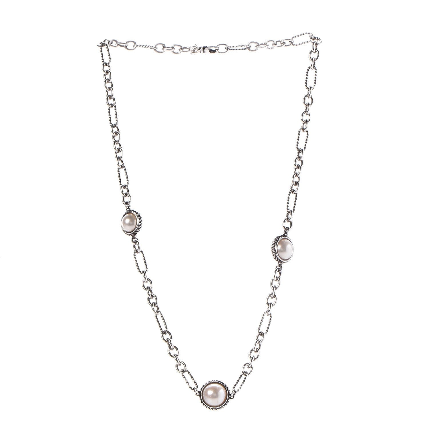 David Yurman Sterling Silver Pearl Cable Figaro Chain Necklace 3 of 6