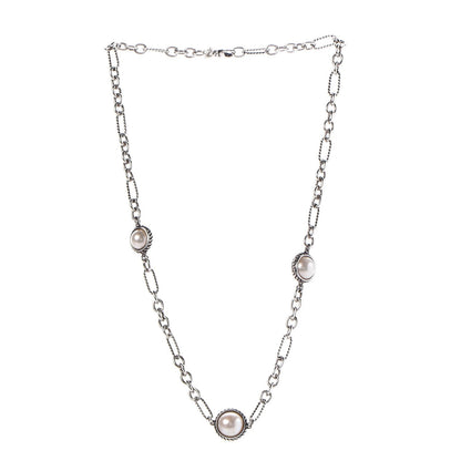 David Yurman Sterling Silver Pearl Cable Figaro Chain Necklace 3 of 6