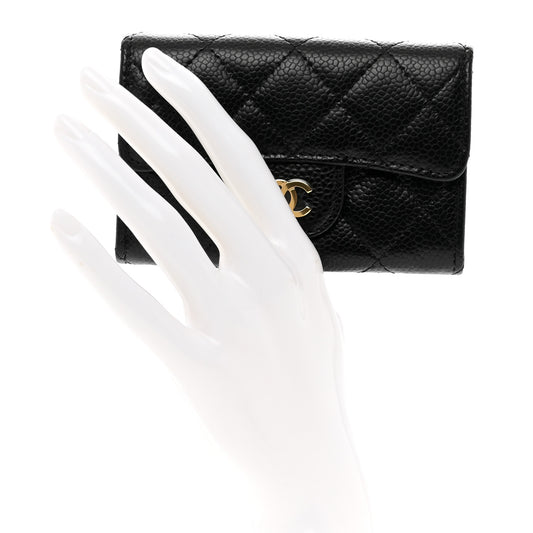 Caviar Quilted Flap Card Holder Wallet Black