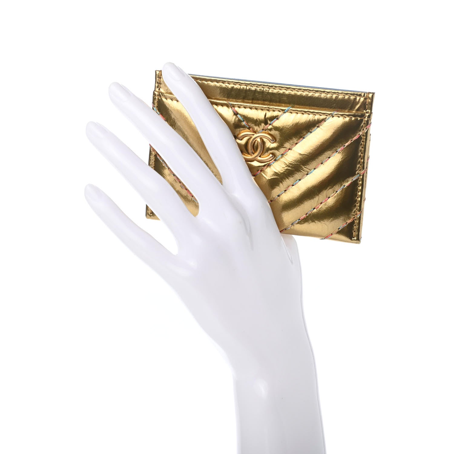 Chanel Metallic Calfskin Chevron Quilted Card Holder Gold 2 of 9