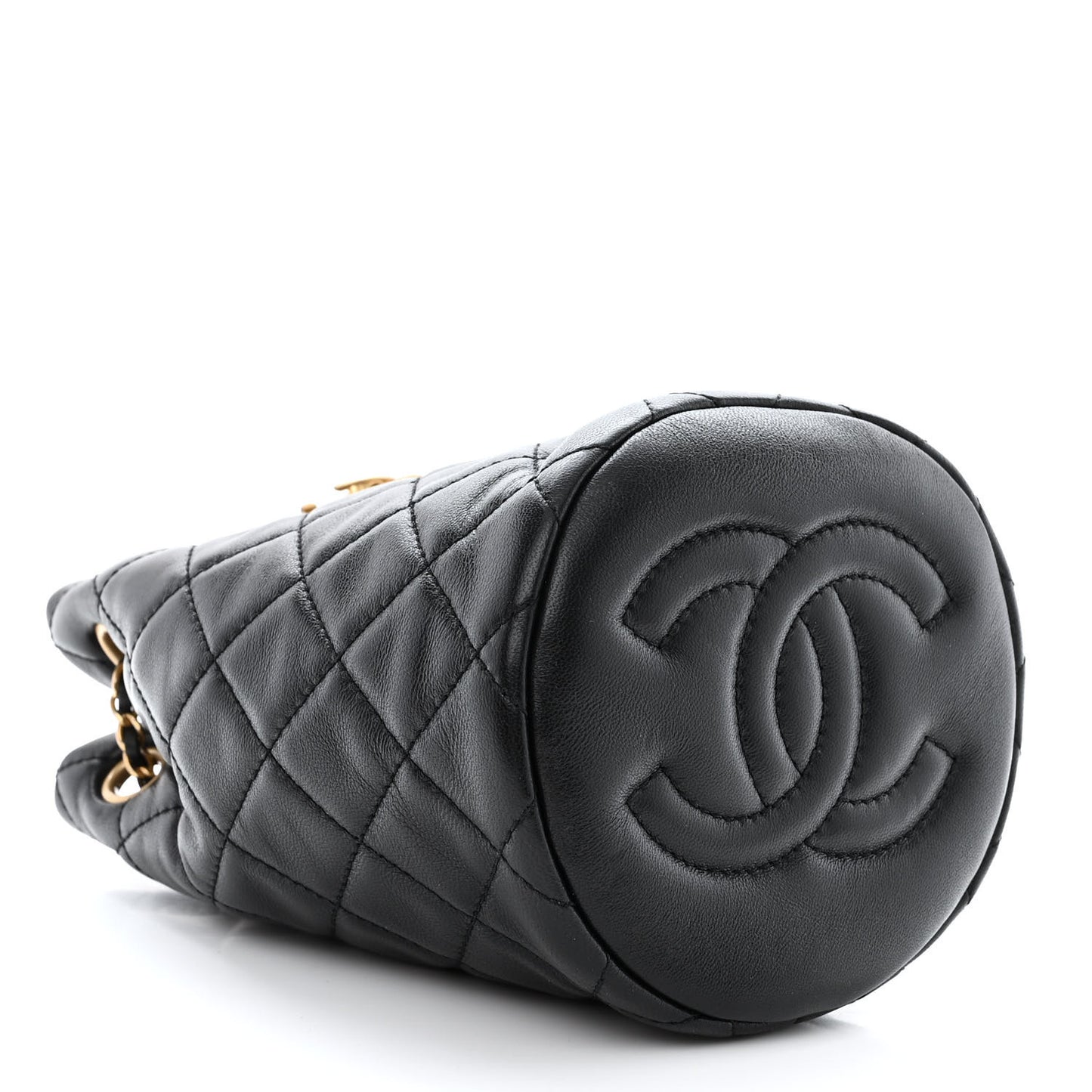 Lambskin Quilted Pearl Crush Drawstring Bag Black