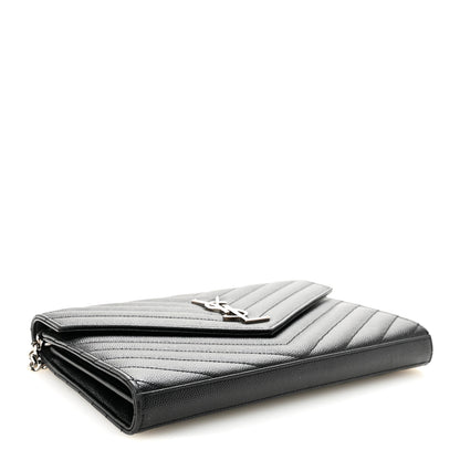 Saint Laurent Grain De Poudre Matelasse Chevron Monogram Chain Wallet Black 3 of 10