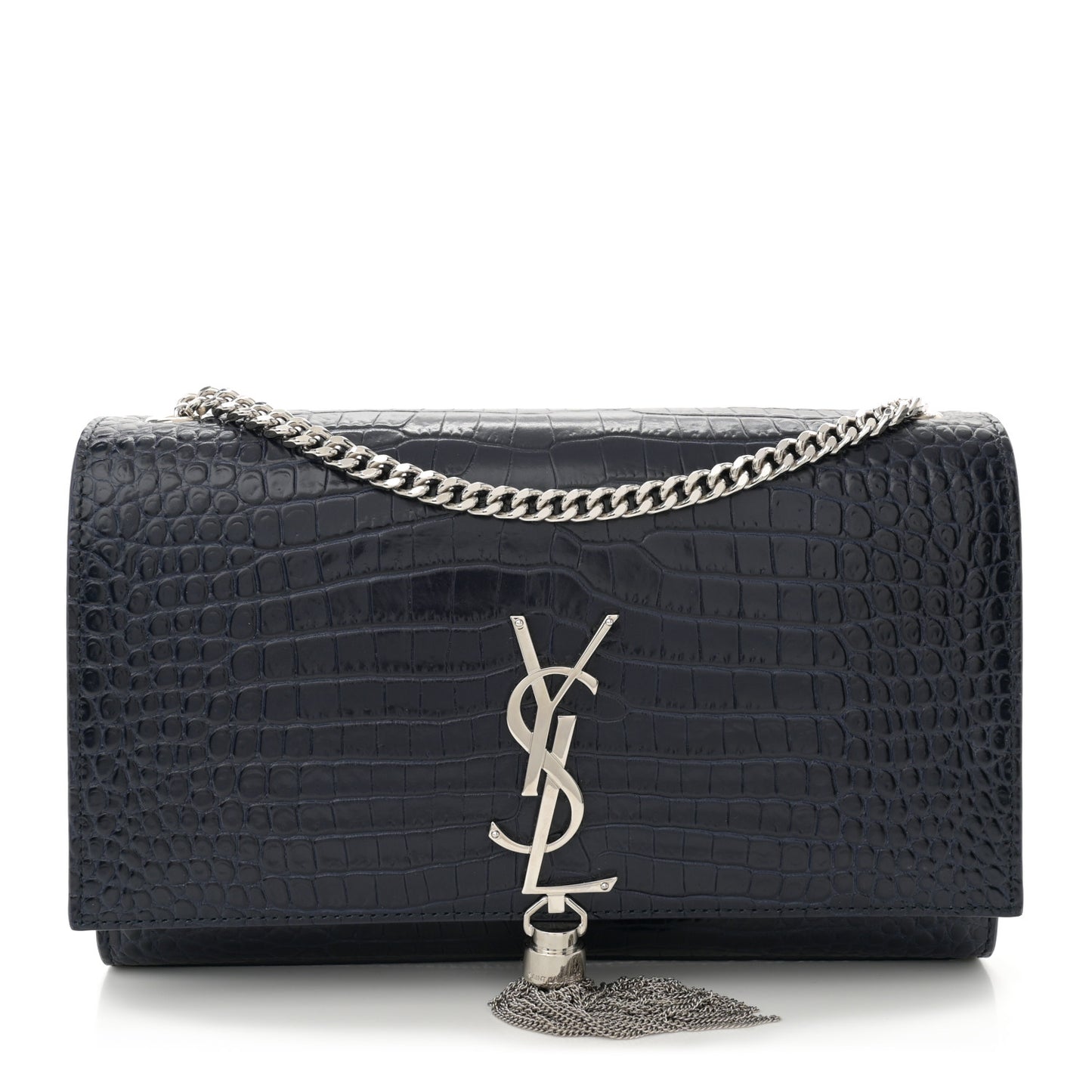 Calfskin Crocodile Embossed Medium Classic Monogram Kate Tassel Satchel Deep Marine