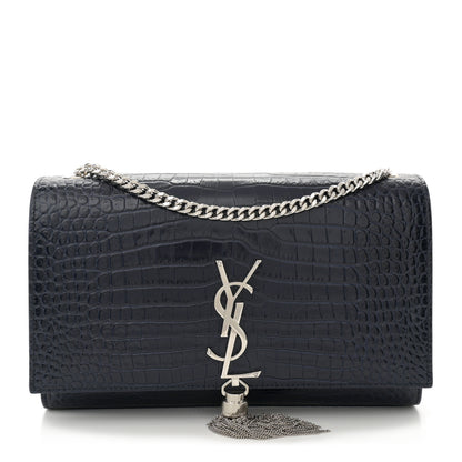 Saint Laurent Calfskin Crocodile Embossed Medium Classic Monogram Kate Tassel Satchel Deep Marine 1 of 15