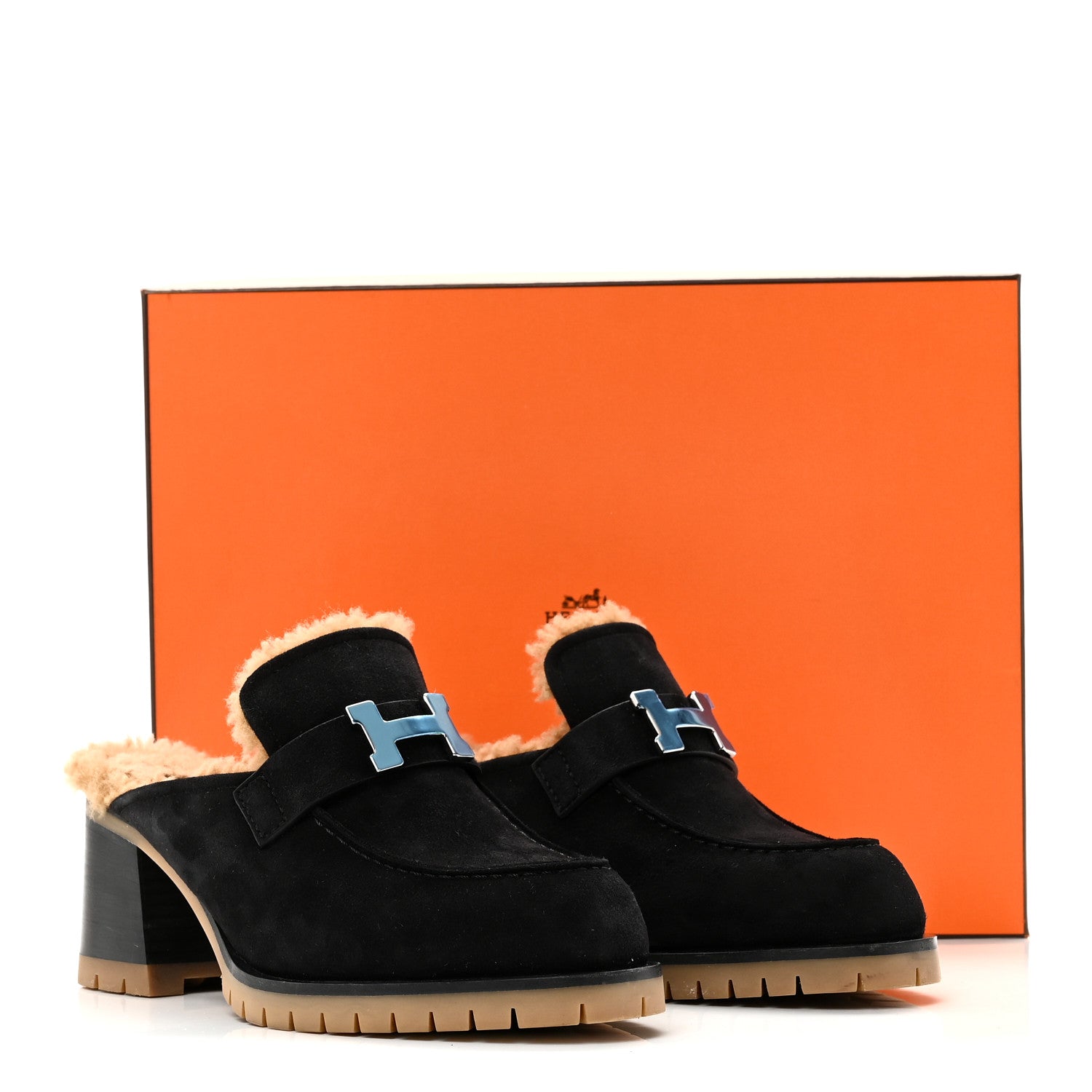 Hermes Suede Goatskin Woolskin Flore 60 Mules 36.5 Black Camel 10 of 10