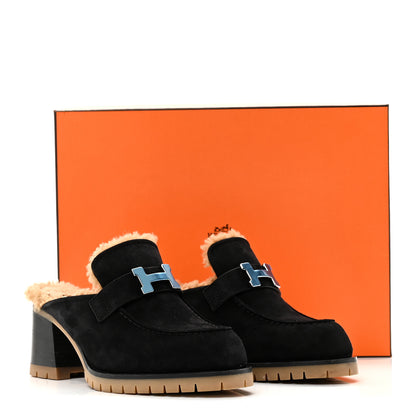 Hermes Suede Goatskin Woolskin Flore 60 Mules 36.5 Black Camel 10 of 10