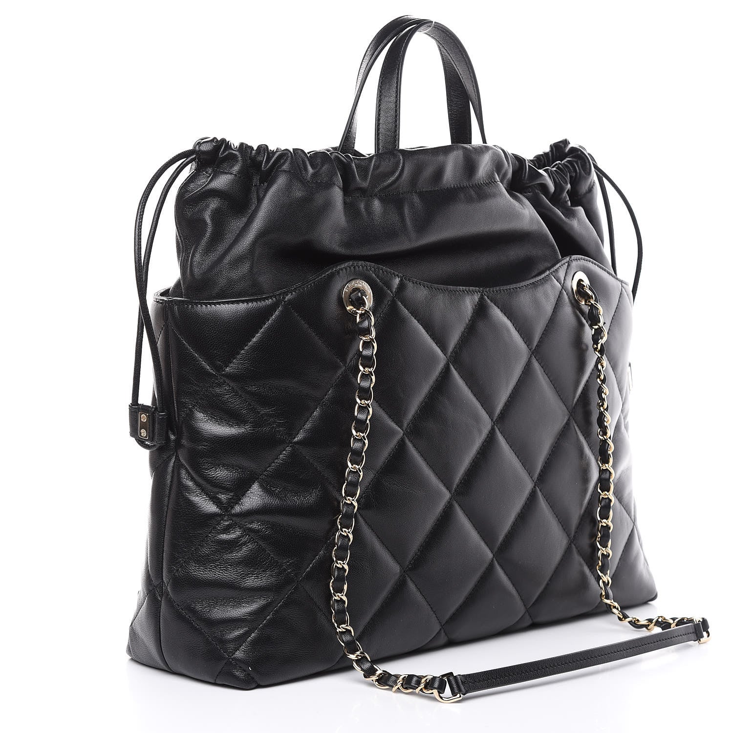 Chanel Lambskin Quilted Drawstring Shopping Bag Black 3 of 12