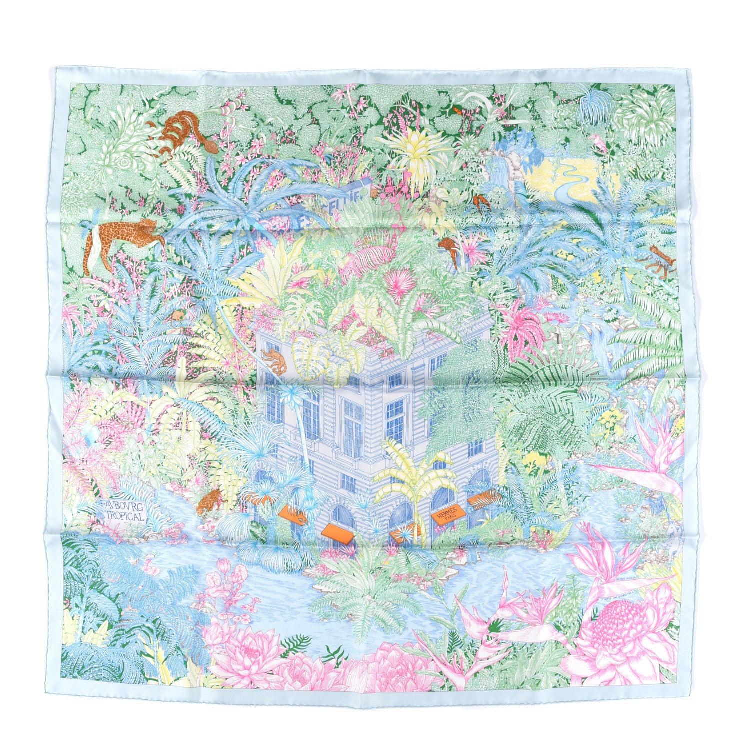 Hermes Silk Twill Faubourg Tropical Scarf 90 Bleu Vert Jaune 1 of 6