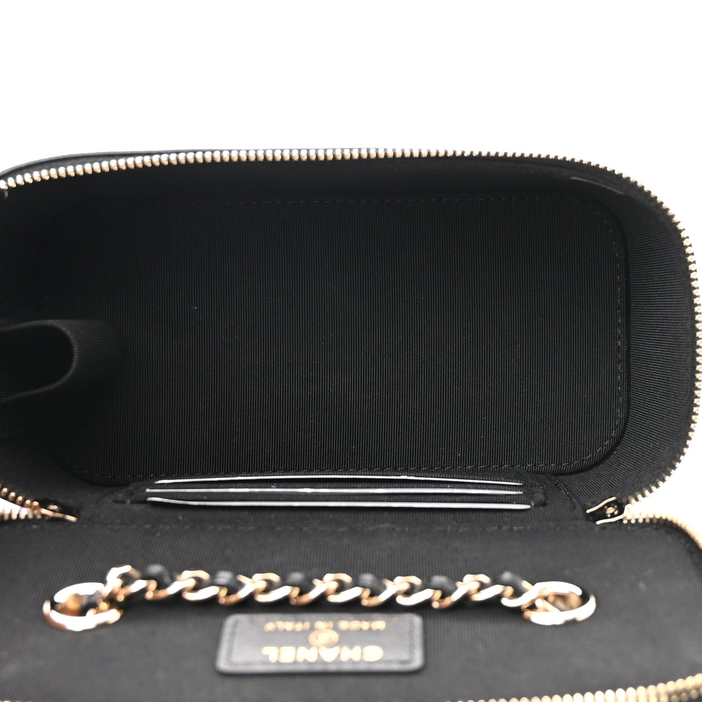 Lambskin Camellia Embossed Small Vanity Case With Chain Black