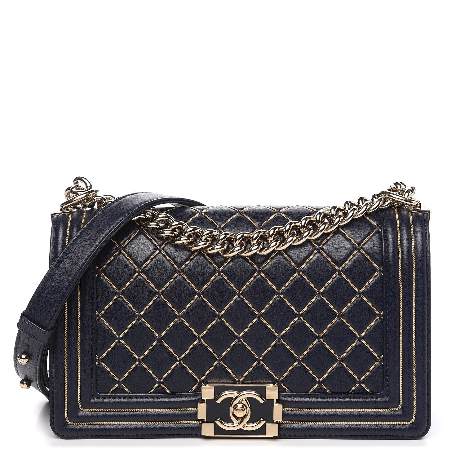 Chanel Lambskin Chain Quilted Medium Boy Flap Navy 1 of 15