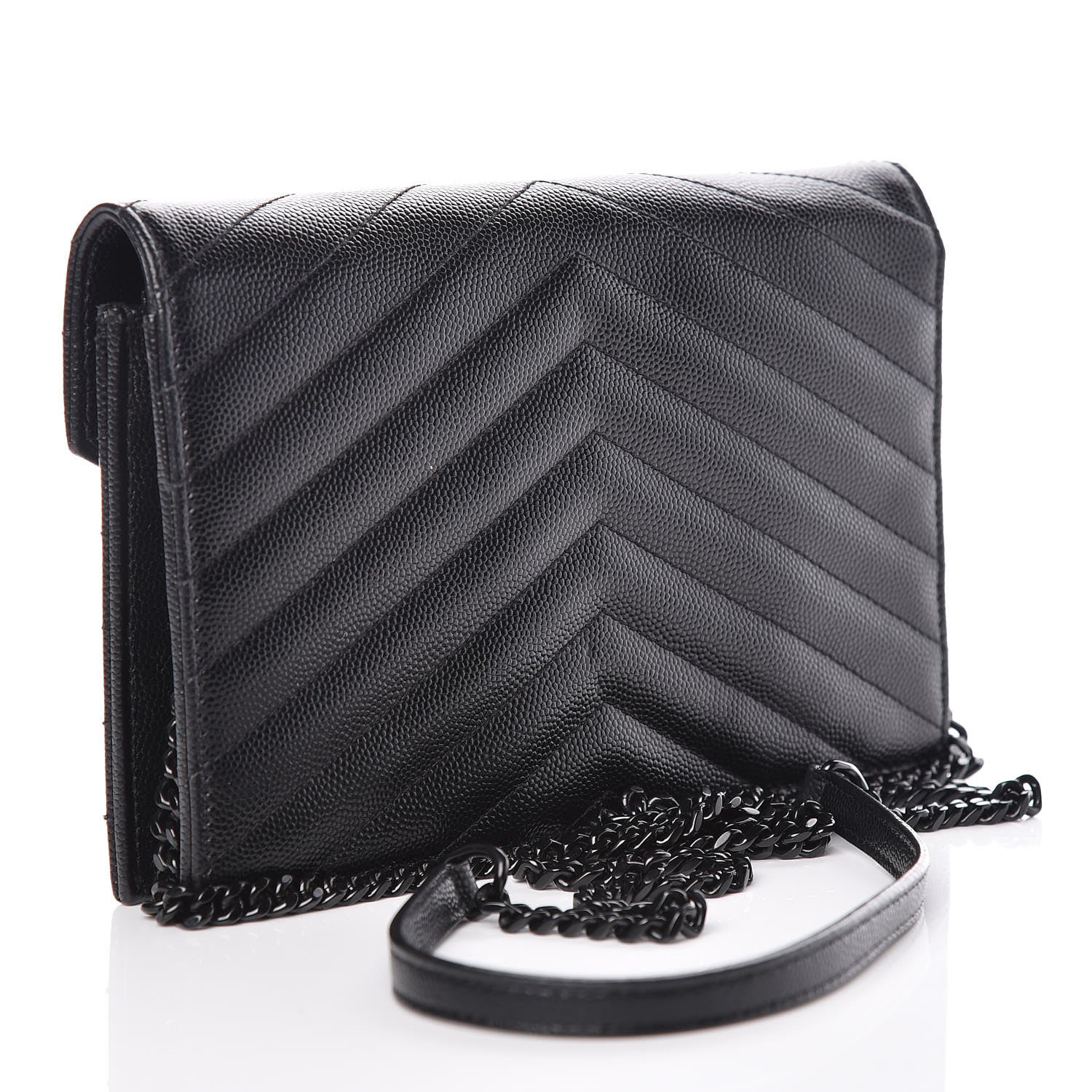 Saint Laurent Grain De Poudre Matelasse Chevron Monogram Envelope Chain Wallet Black 3 of 10