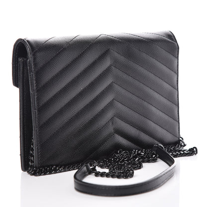 Saint Laurent Grain De Poudre Matelasse Chevron Monogram Envelope Chain Wallet Black 3 of 10