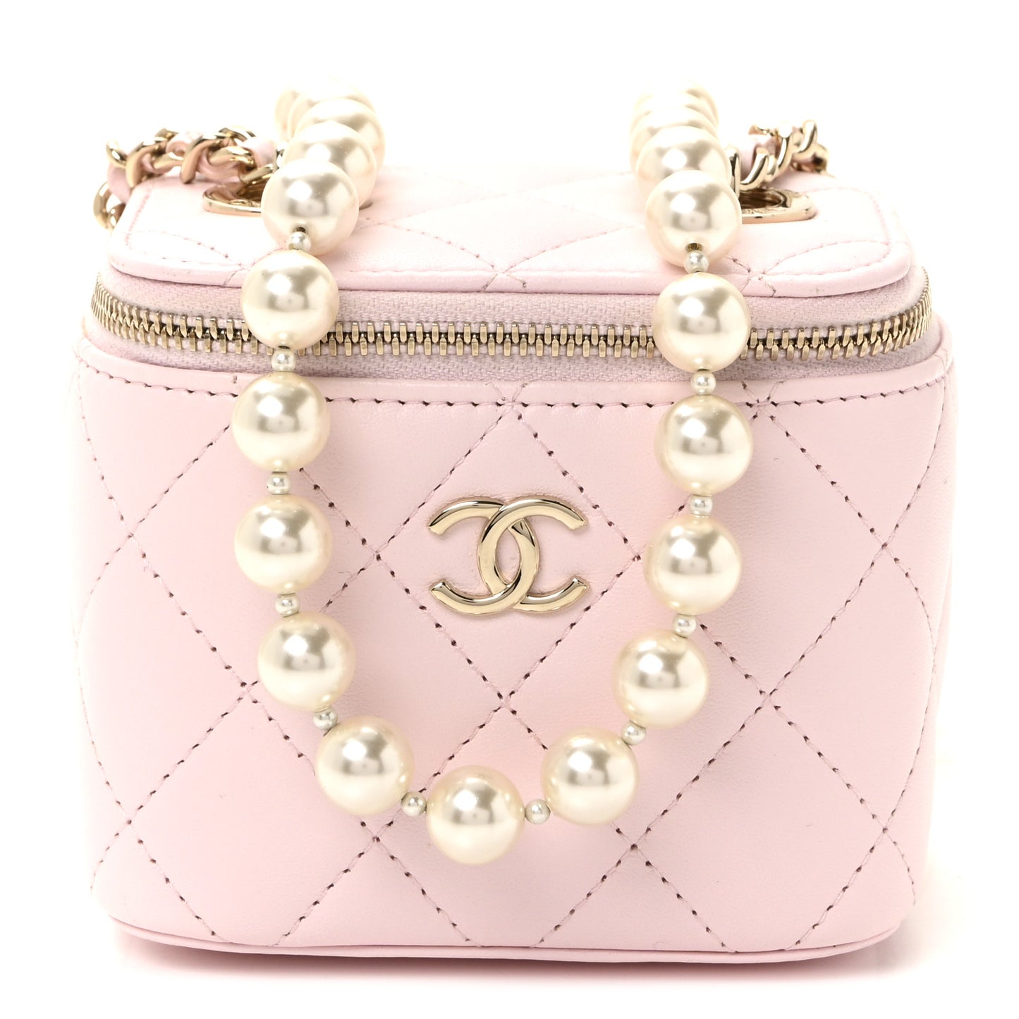 Lambskin Quilted Mini Vanity Case With Pearl Chain Light Pink