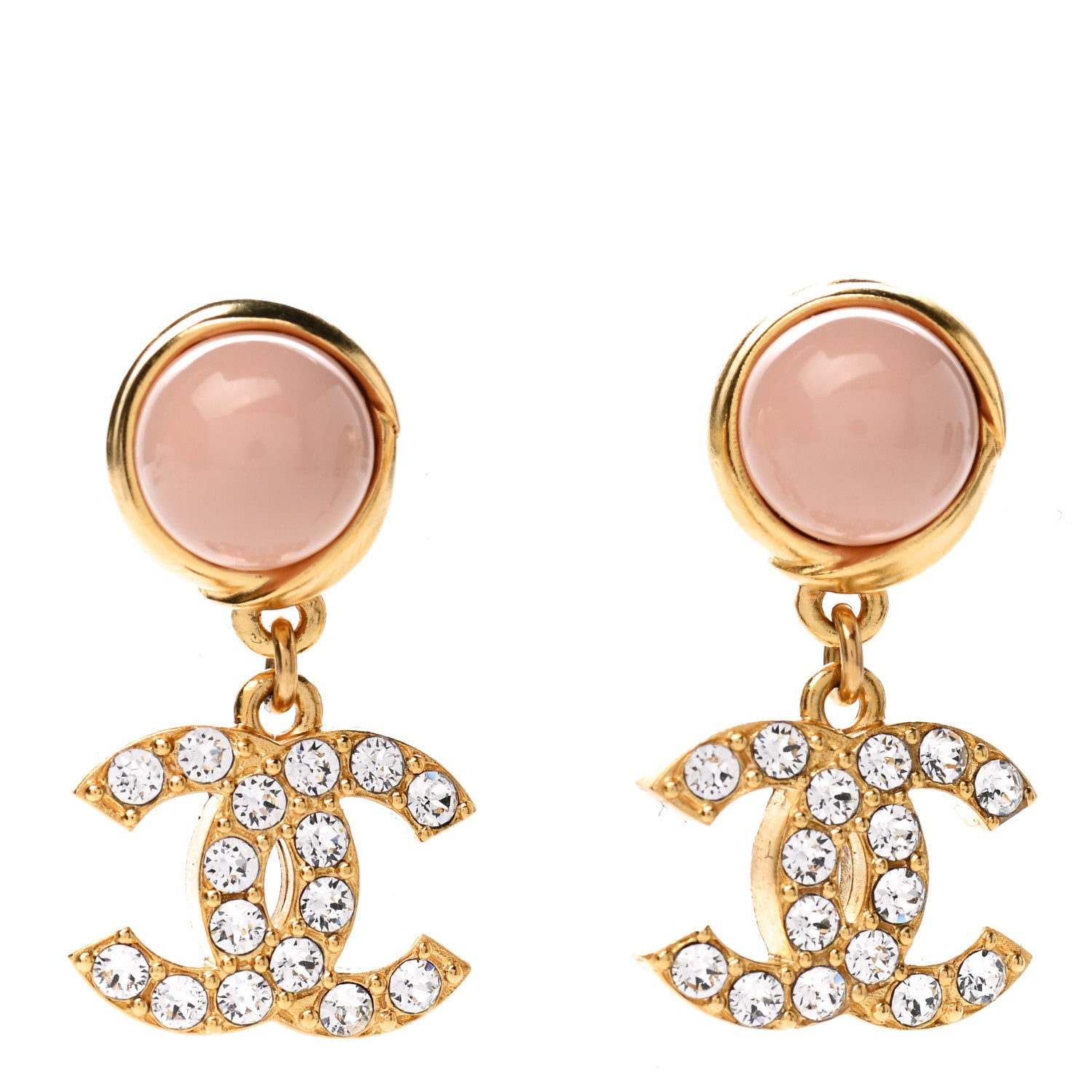Chanel Crystal Pearl CC Drop Earrings Pink Gold 1 of 4