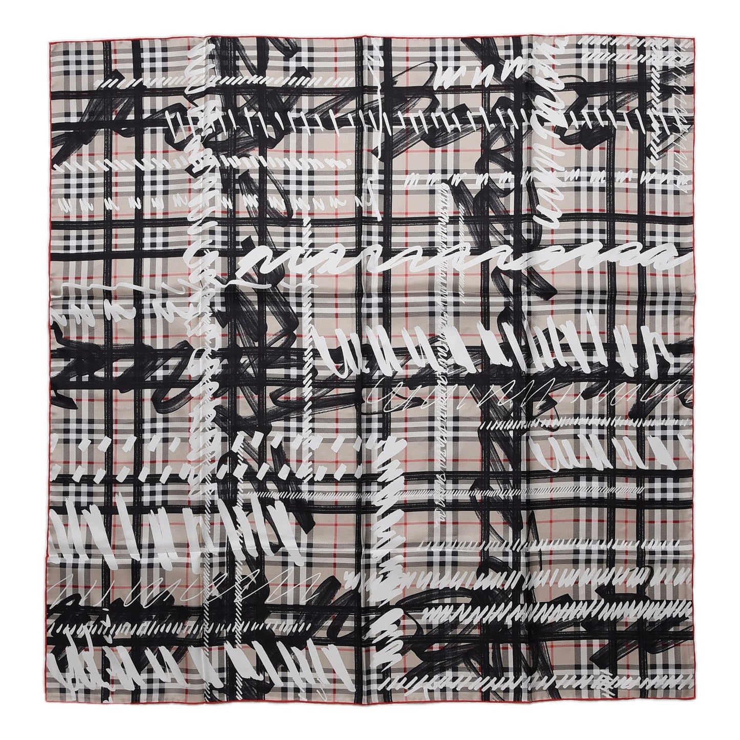 Silk Vintage Check Scribble Print Scarf Stone