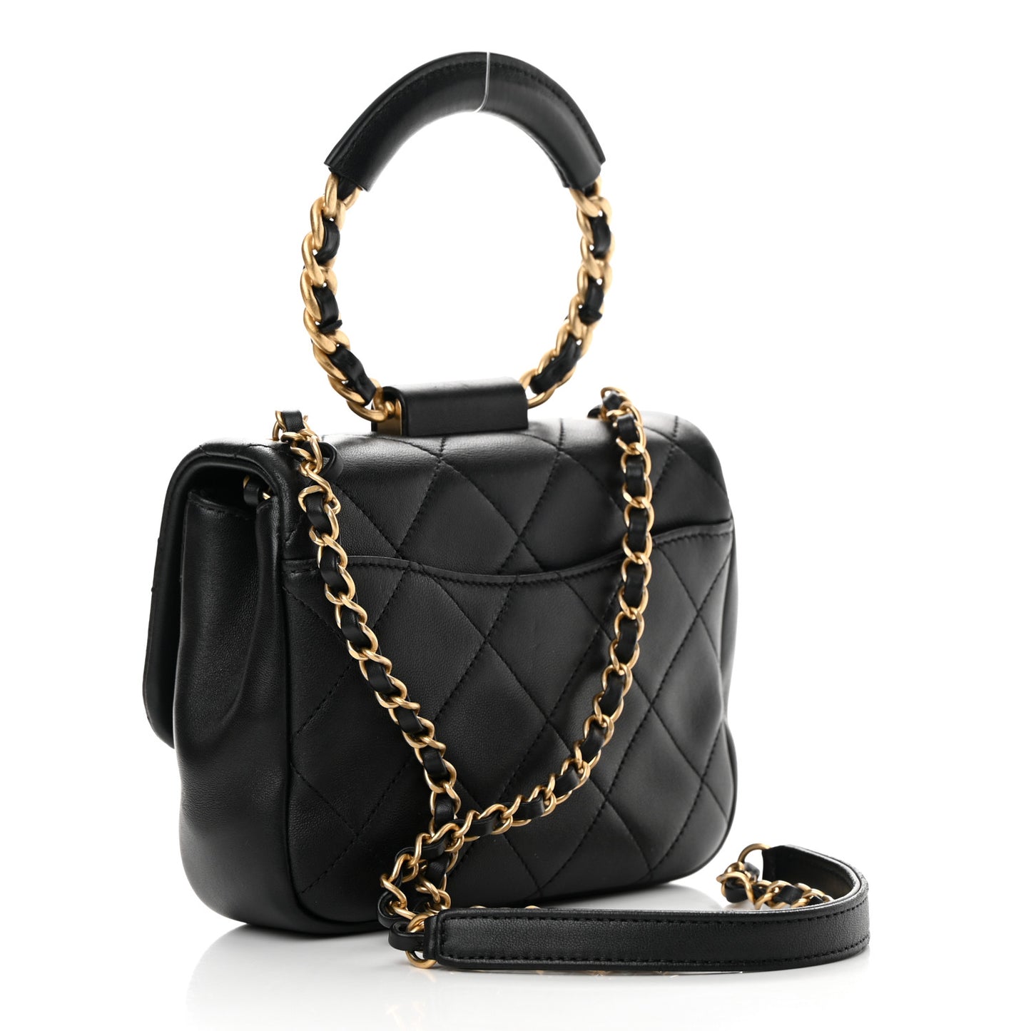 Lambskin Quilted Small Circular Handle Bag Black
