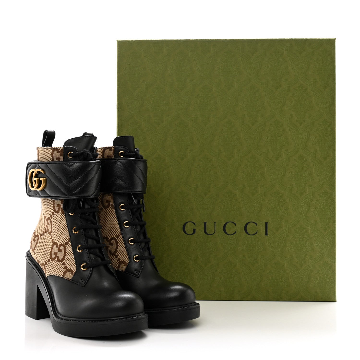 Gucci Flores Calfskin Monogram Maxi GG Nappa Matelasse Double G Ankle Boots 37.5 Black Camel Ebony 9 of 9