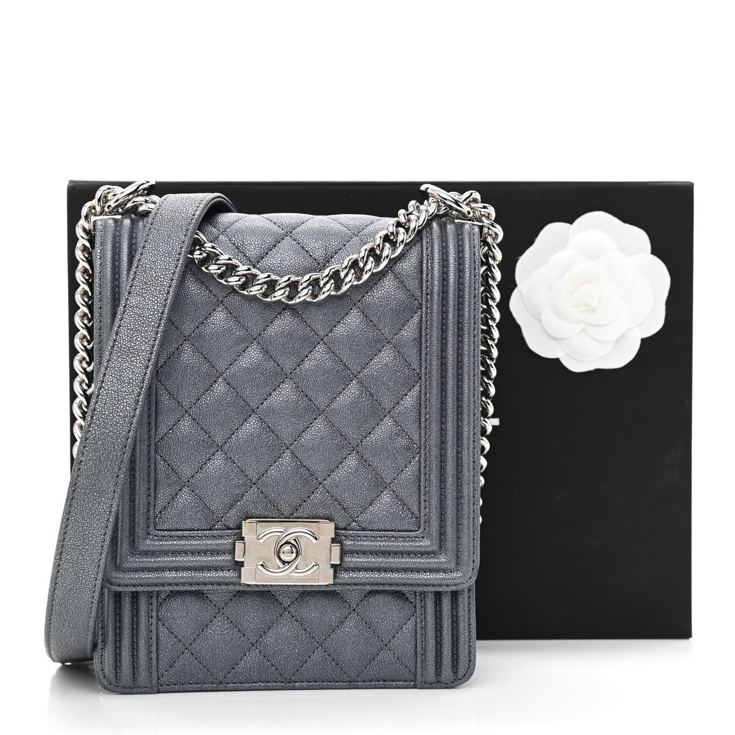 Iridescent Caviar Quilted North South Boy Flap Grey